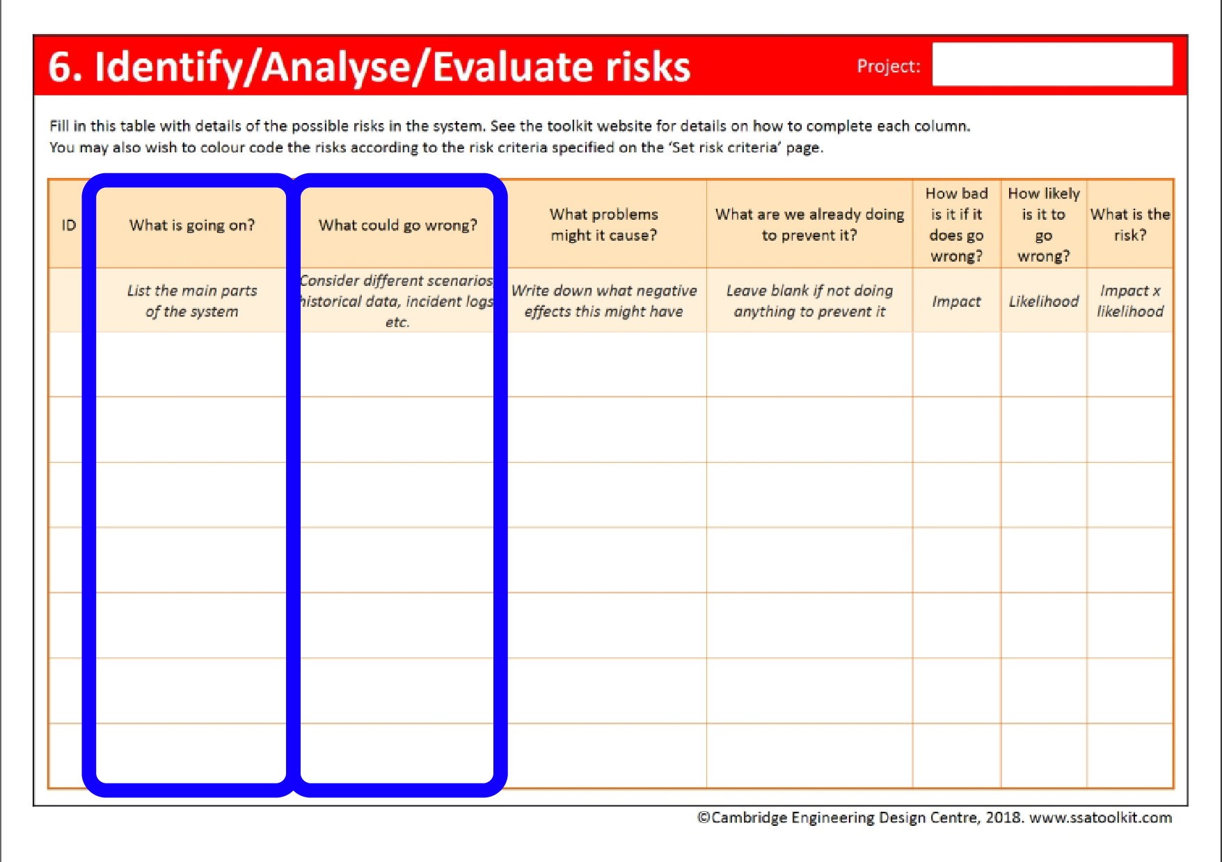 Screenshot of the Risks page of the assessment form