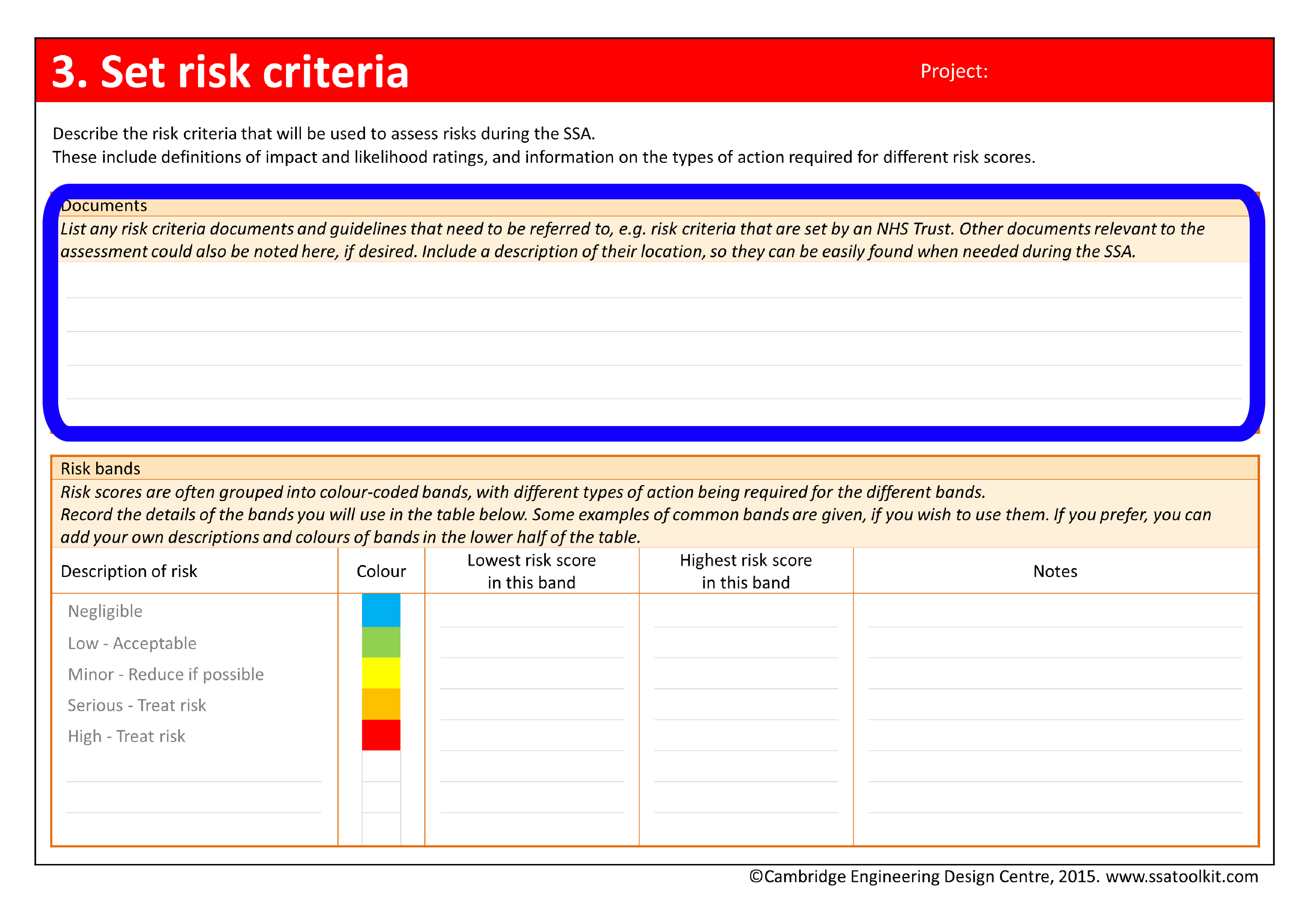 Screenshot of Set risk criteria page of the assessment form