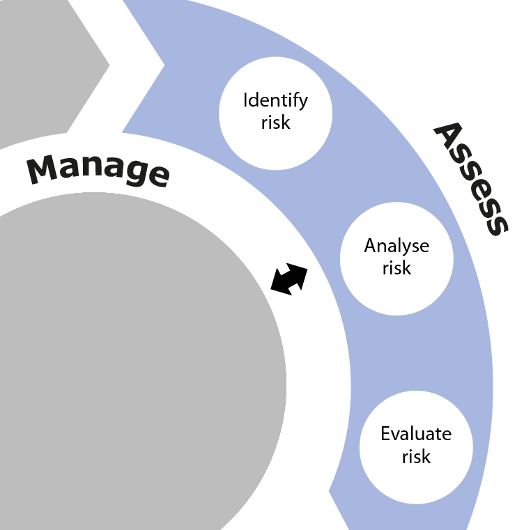 Diagram showing the Assess phase as part of the overall SSA process. This phase involves Identify risk, Analyse risk and Evaluate risk.