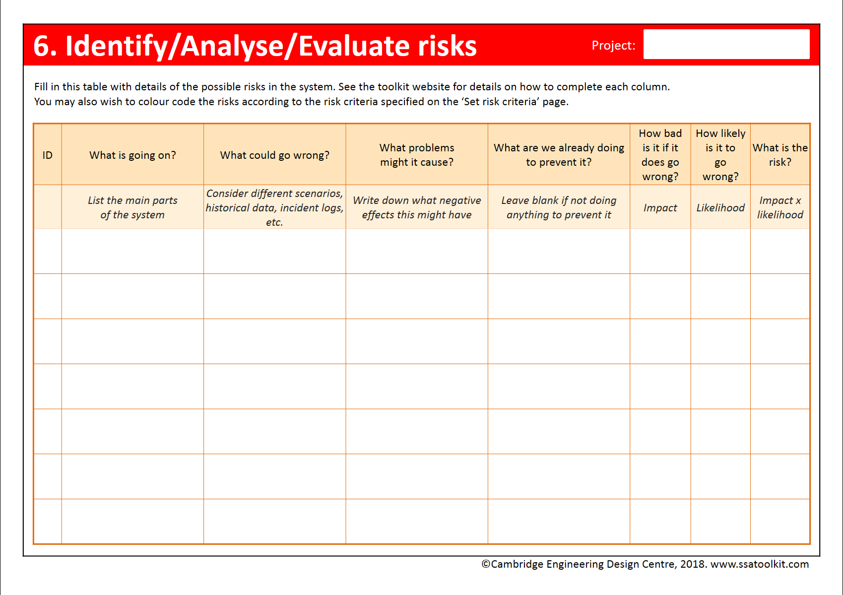 Screenshot of the Identify/Assess/Evaluate risks page of the assessment form