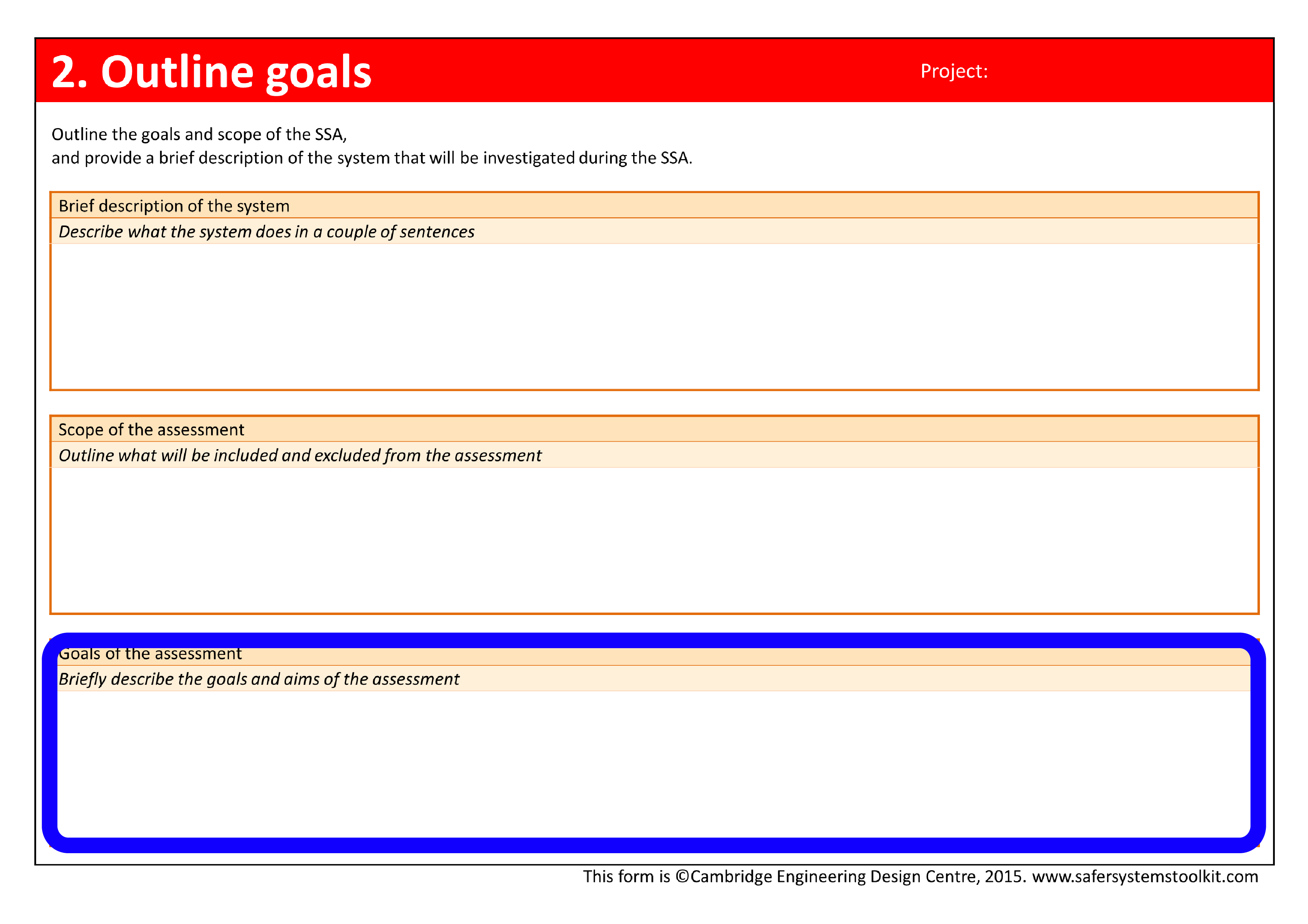 Screenshot of Outline goals page of the assessment form