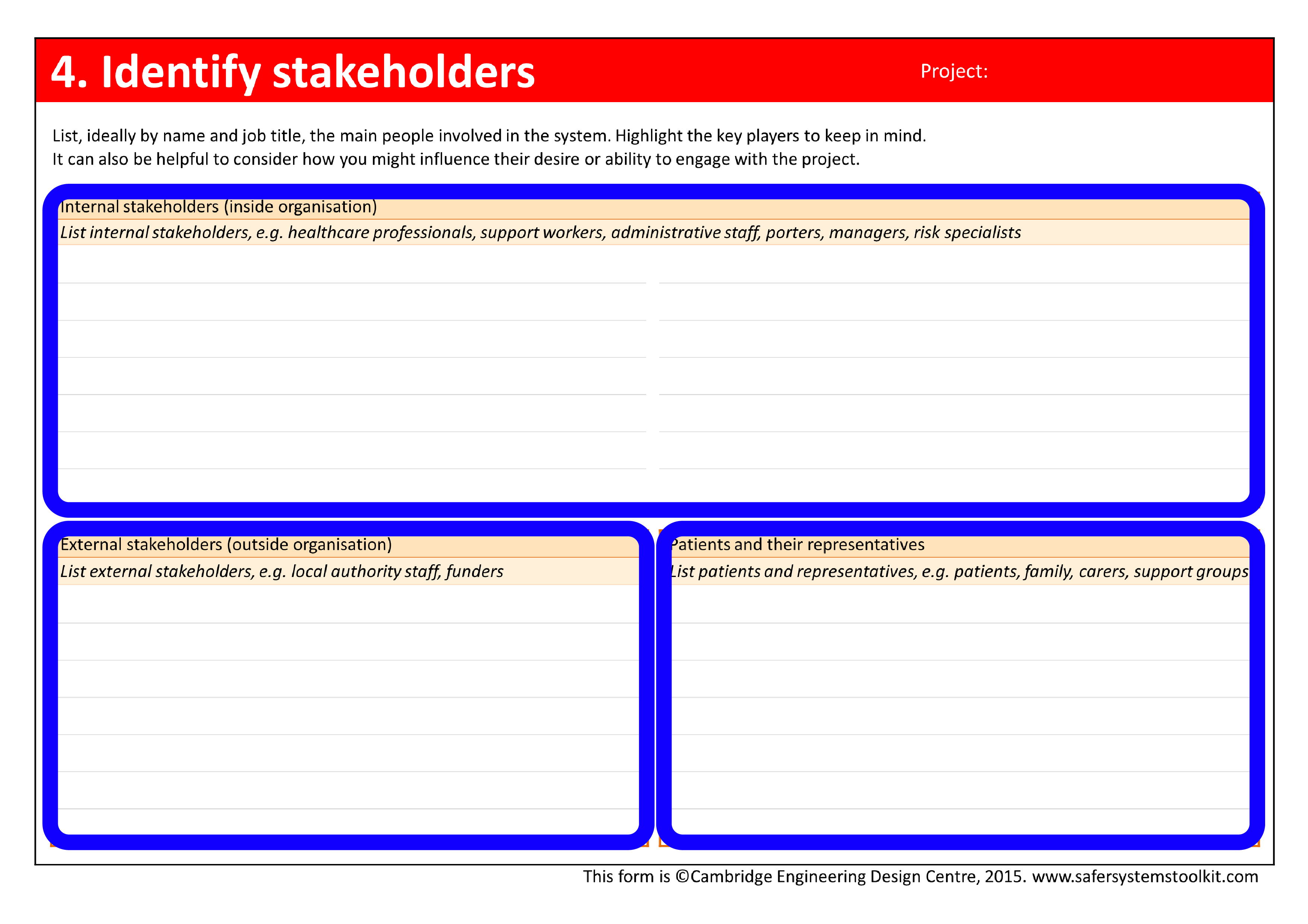 Screenshot of Identify stakeholders page of the assessment form