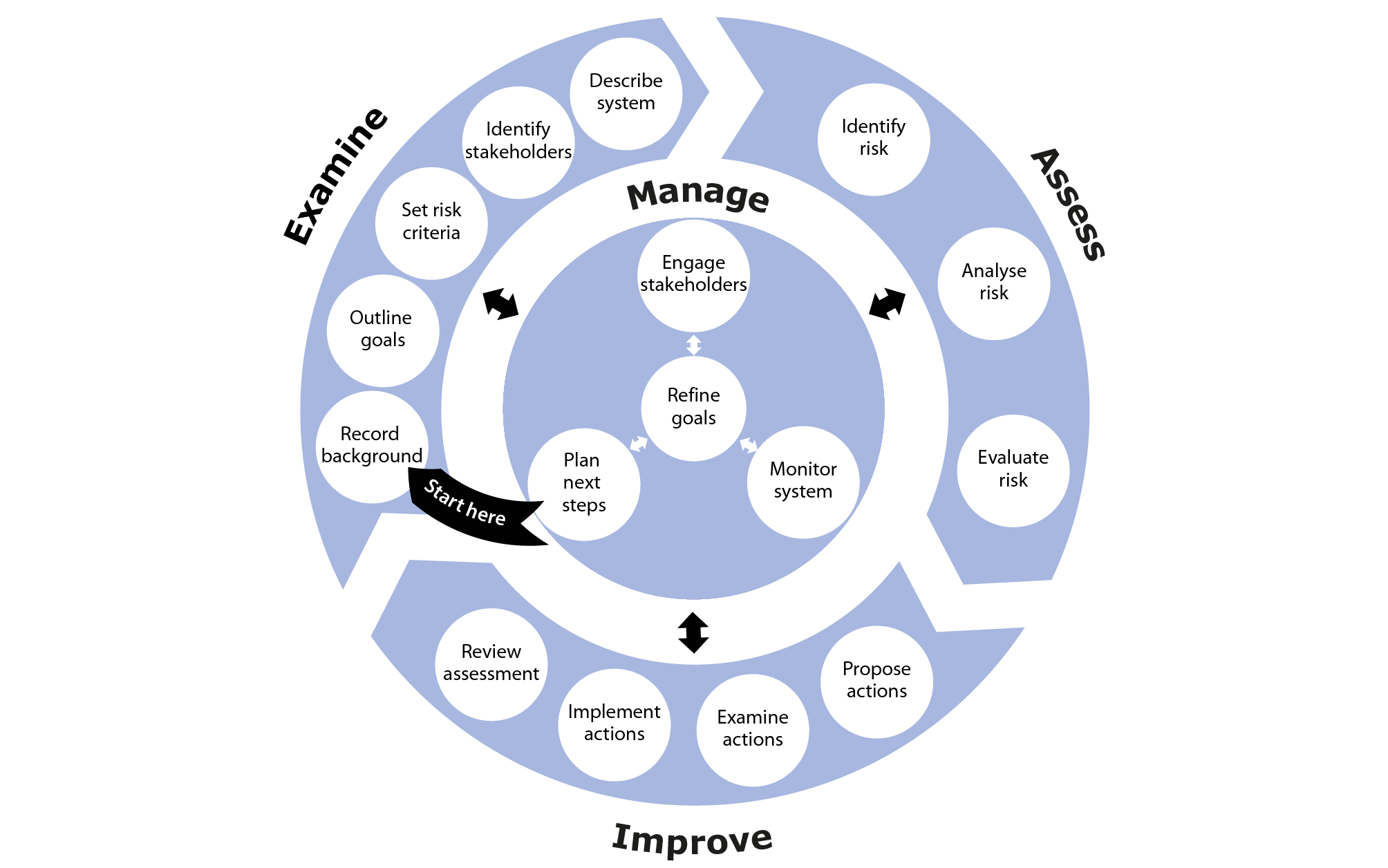 Diagram showing the key activities in an SSA and which phase of the process they belong to. The Examine phase involves Record background, Outine goals, Set risk criteria, Identify stakeholders, and Describe system. Assess involves Identify risk, Analyse risk and Evaluate risk. Improve involves Propose actions, Detail actions, Implement actions and Review assessment. Manage involves Plan next steps, Refine the goals, Engage stakeholders and Monitor system.