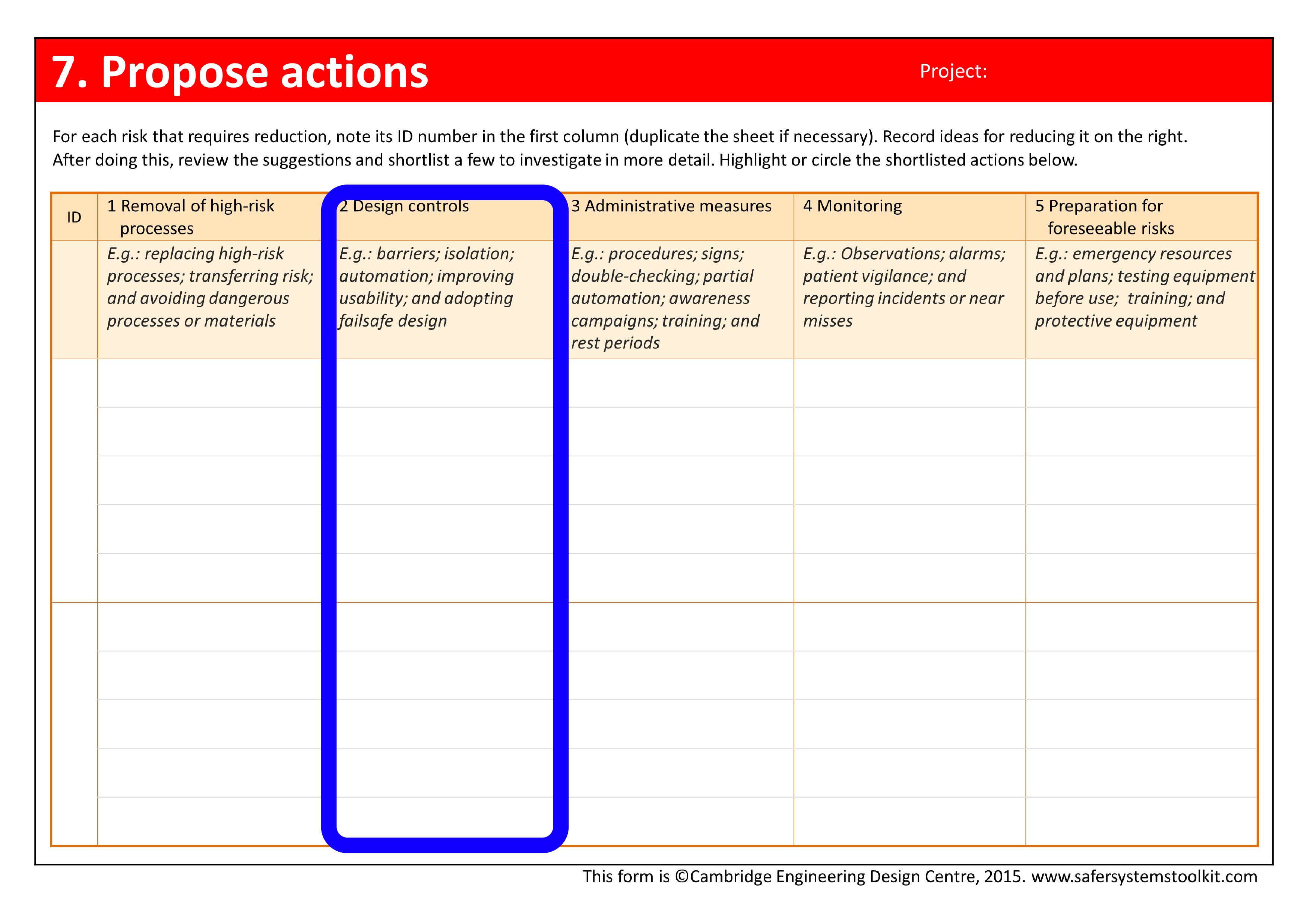 Screenshot of the Propose actions page of the assessment form