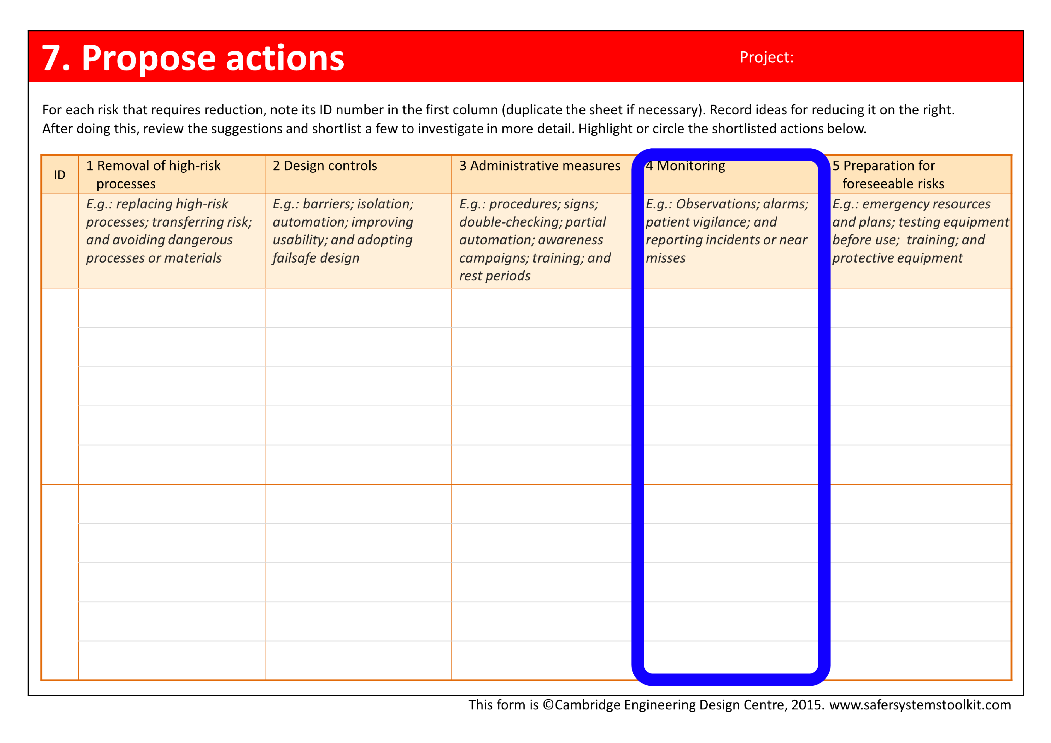 Screenshot of the Propose actions page of the assessment form