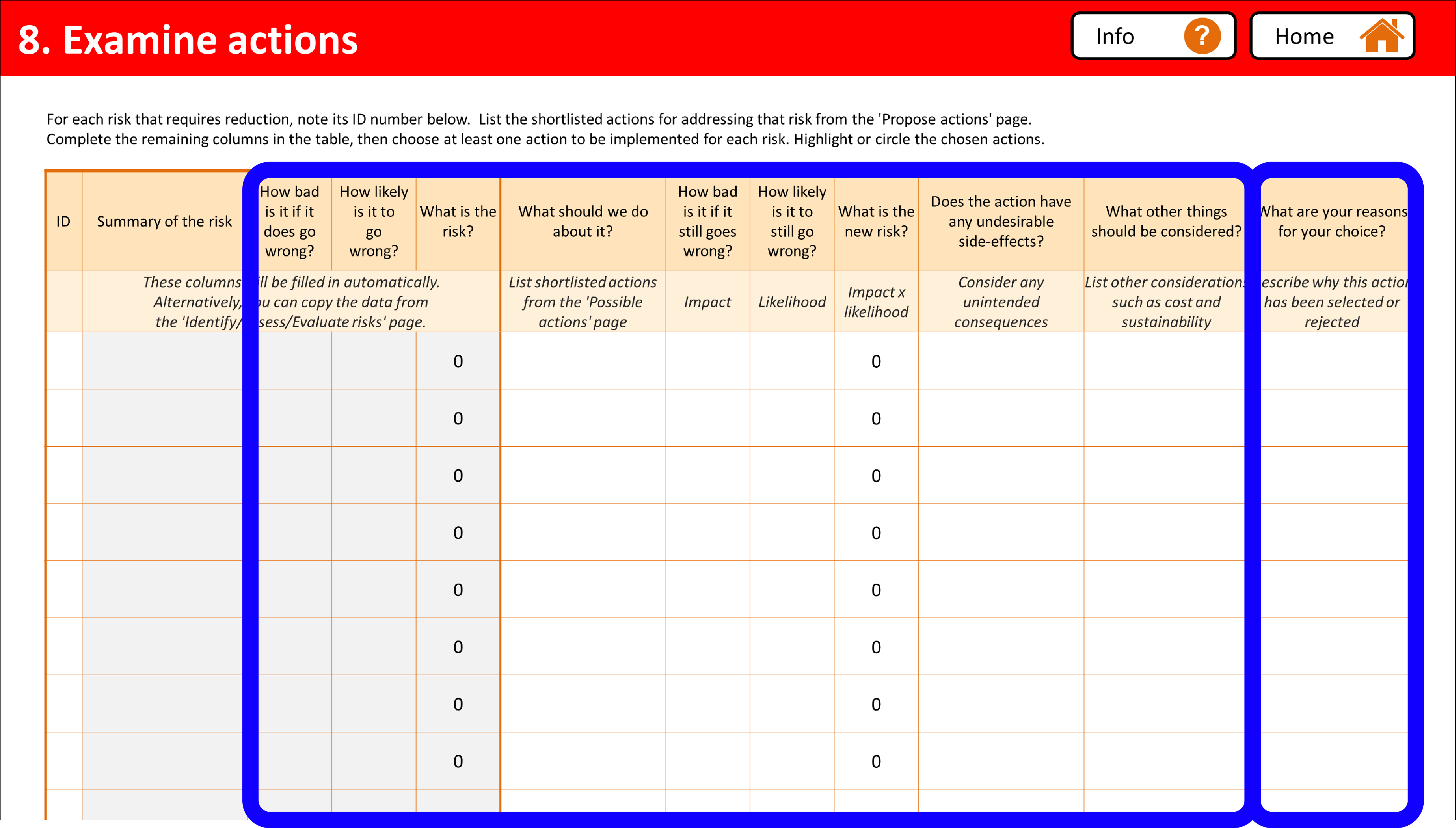 Screenshot of Examine actions page of the assessment form