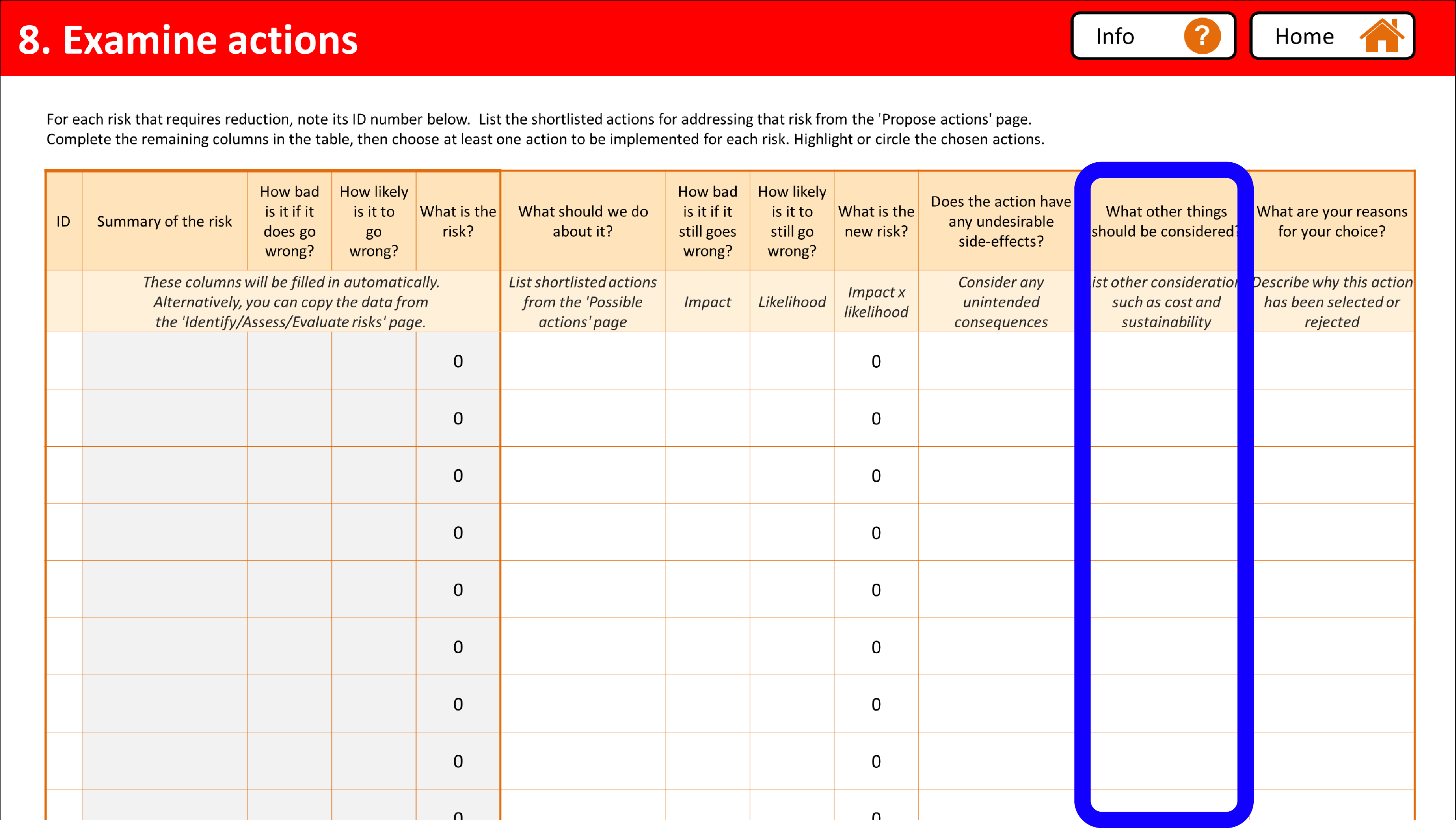 Screenshot of Examine actions page of the assessment form