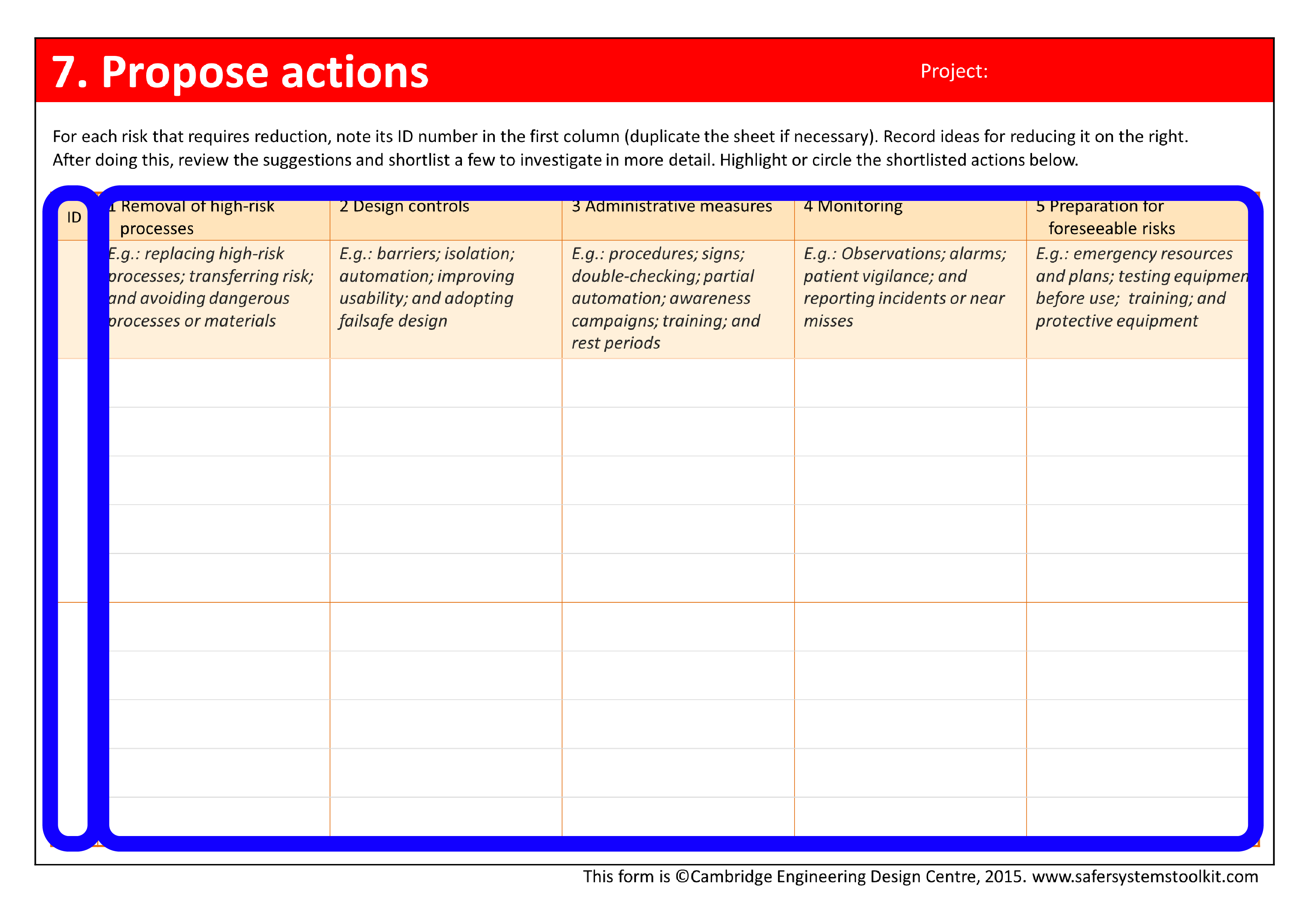 Screenshot of Propose actions page of the assessment form