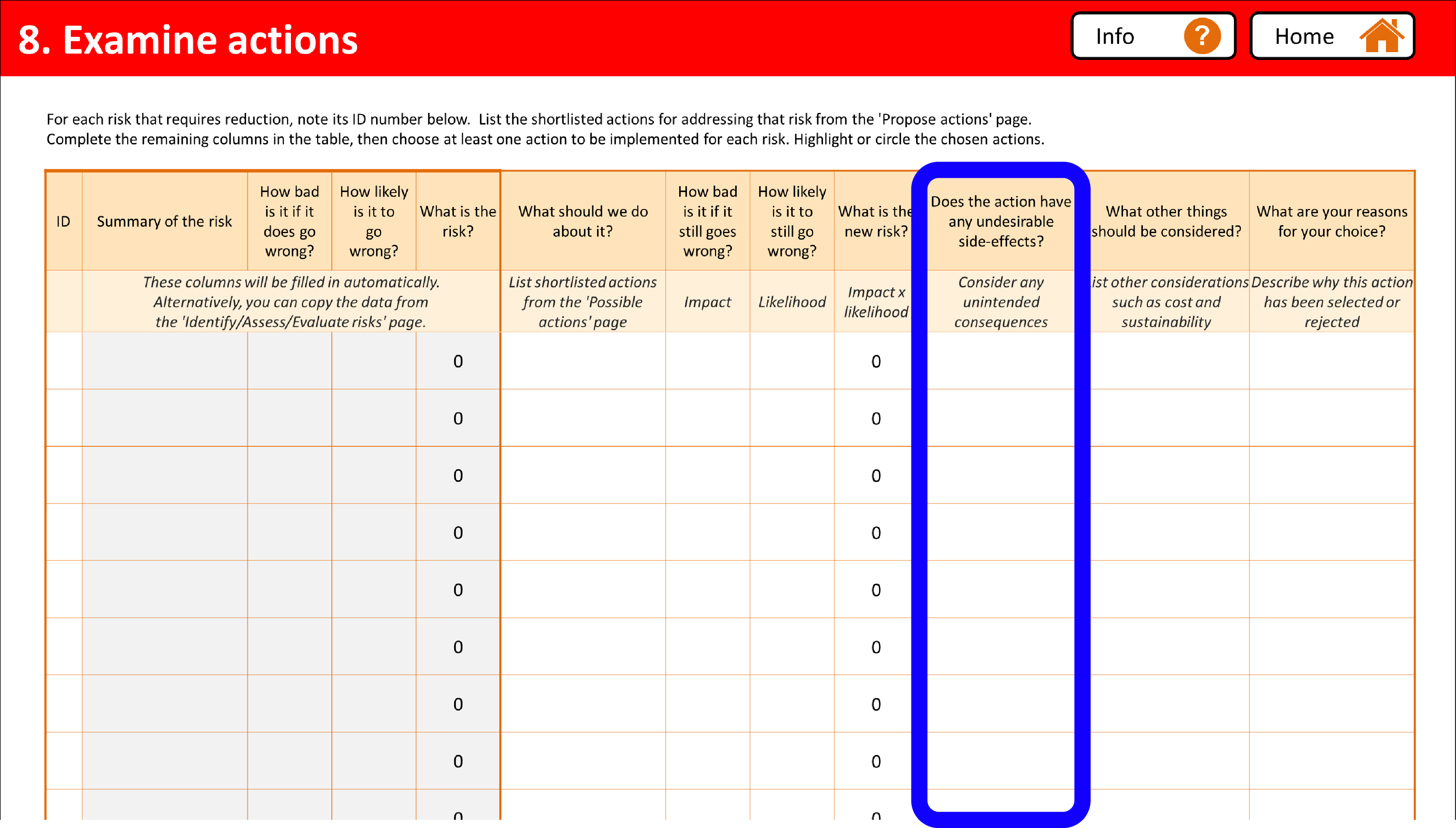 Screenshot of Examine actions page from the assessment form
