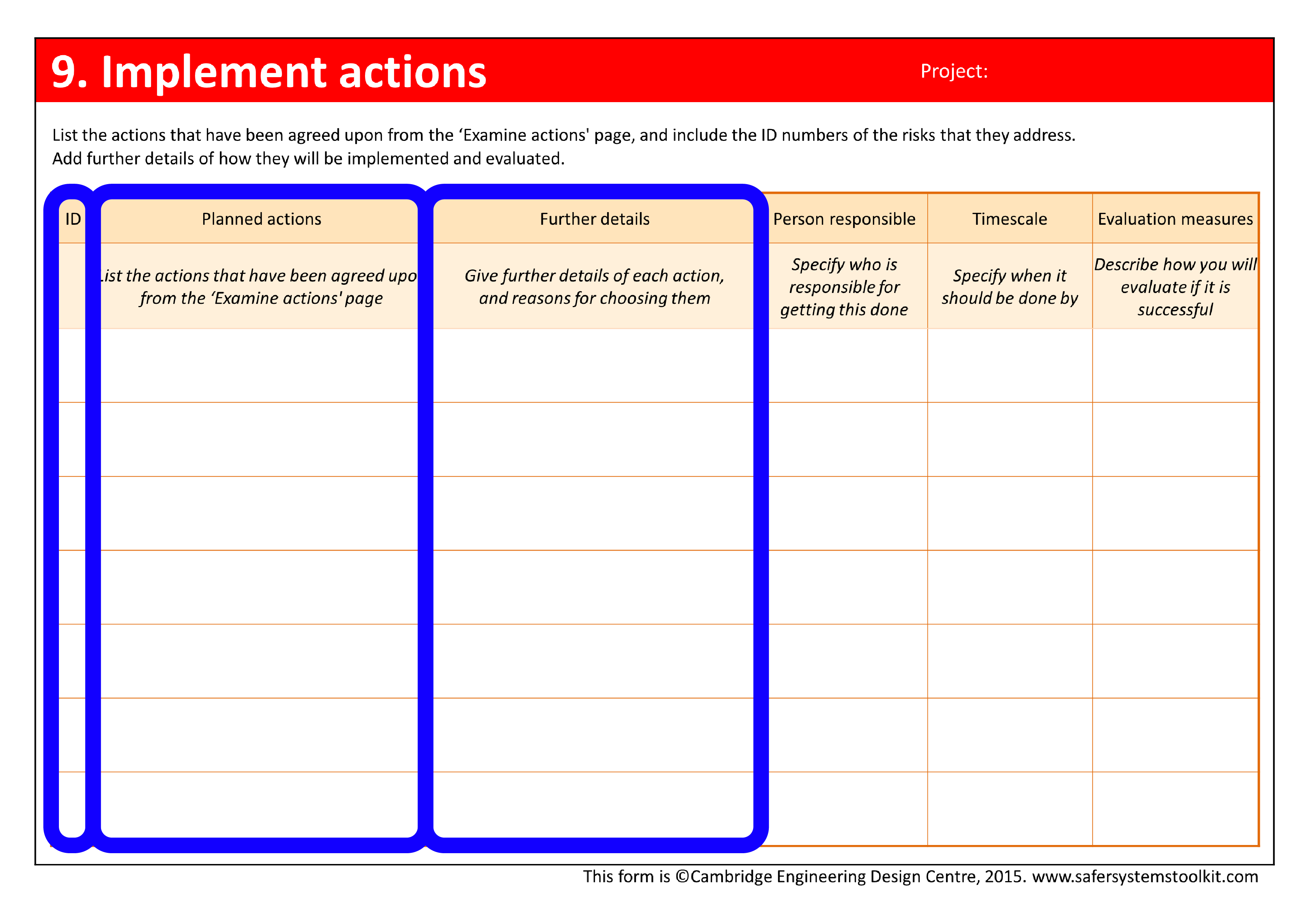 Screenshot of Implement actions page of the assessment form