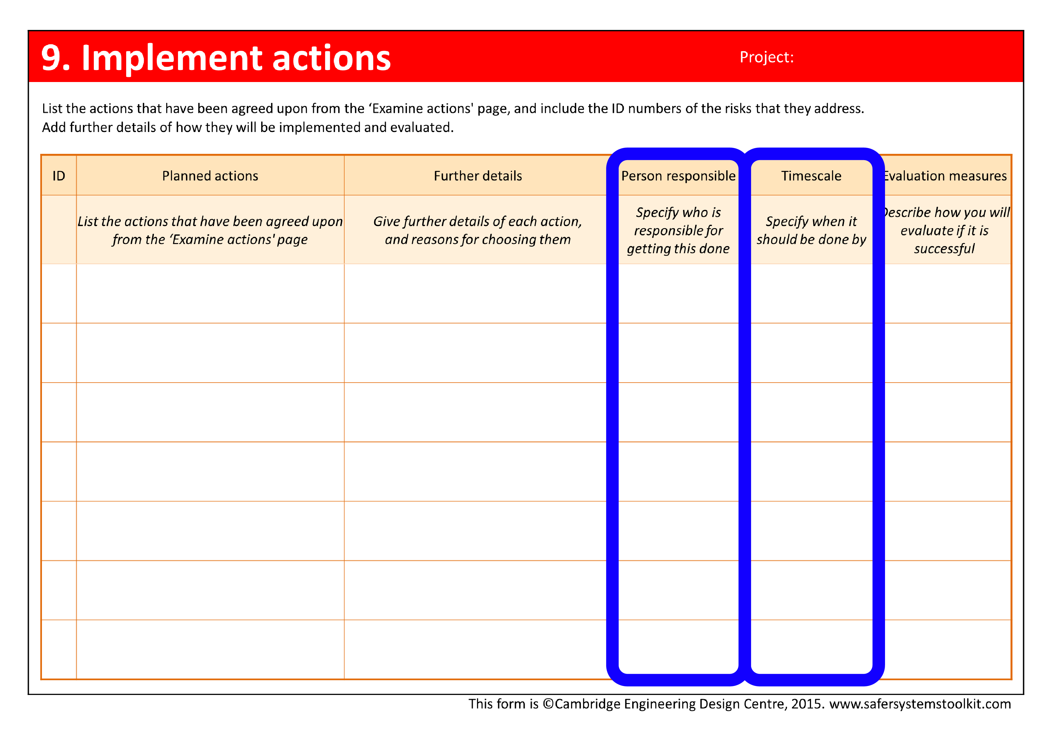 Screenshot of the Implement actions page of the assessment form