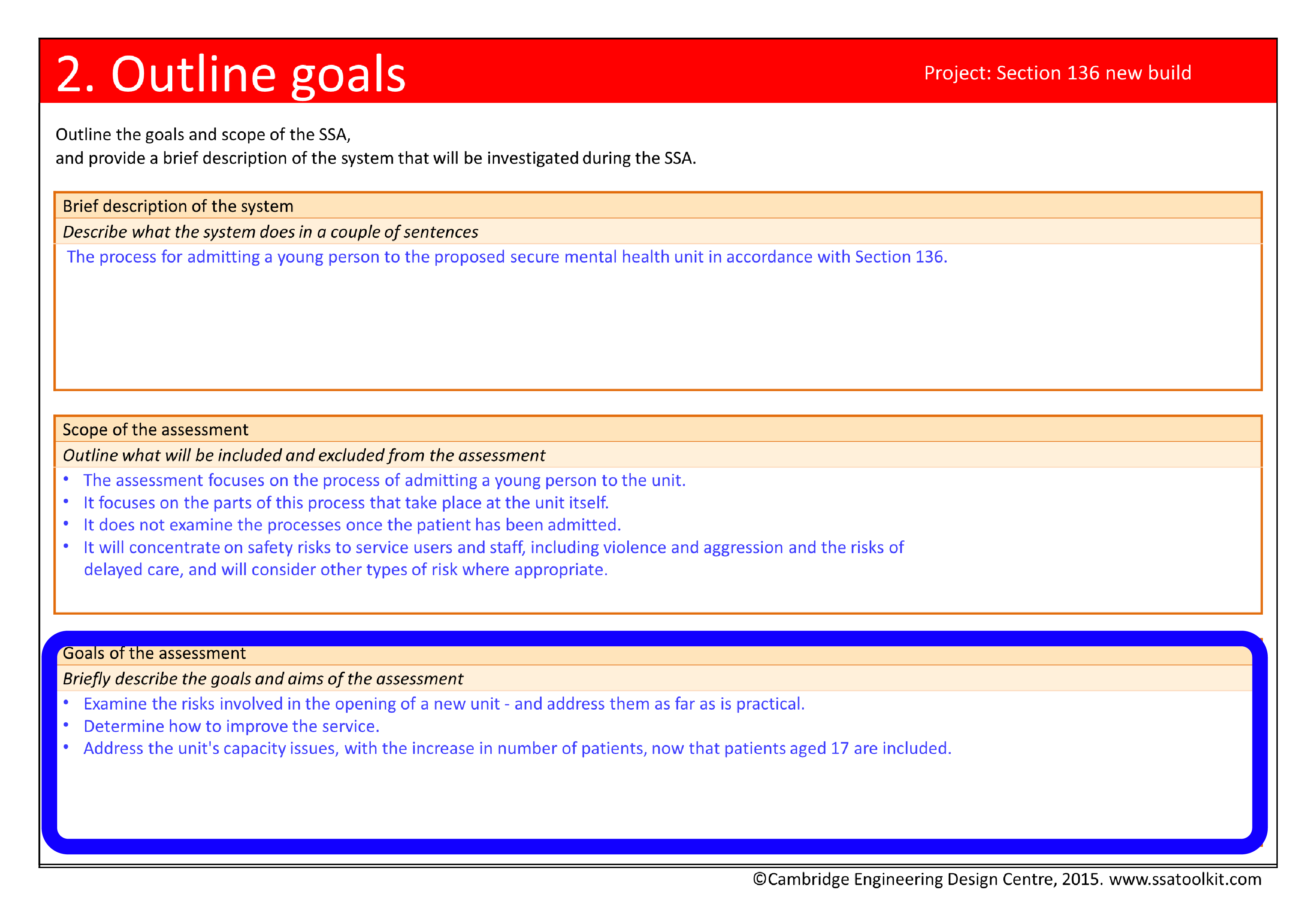 Screenshot of the Outline goals page from the Section 136 case study. The full form in pdf is available from the Resources page.