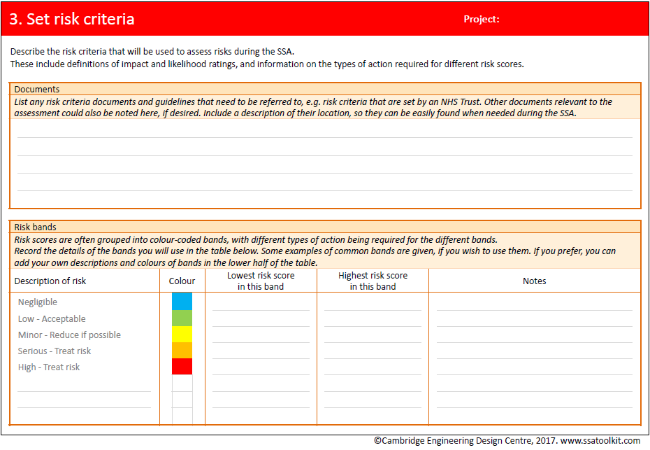 Small screenshot of the Set risk criteria page from the assessment form, showing tables to be completed with information for the SSA