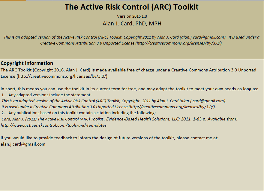 Small screenshot of the introductory page from the ARC Toolkit, showing title and copyright information