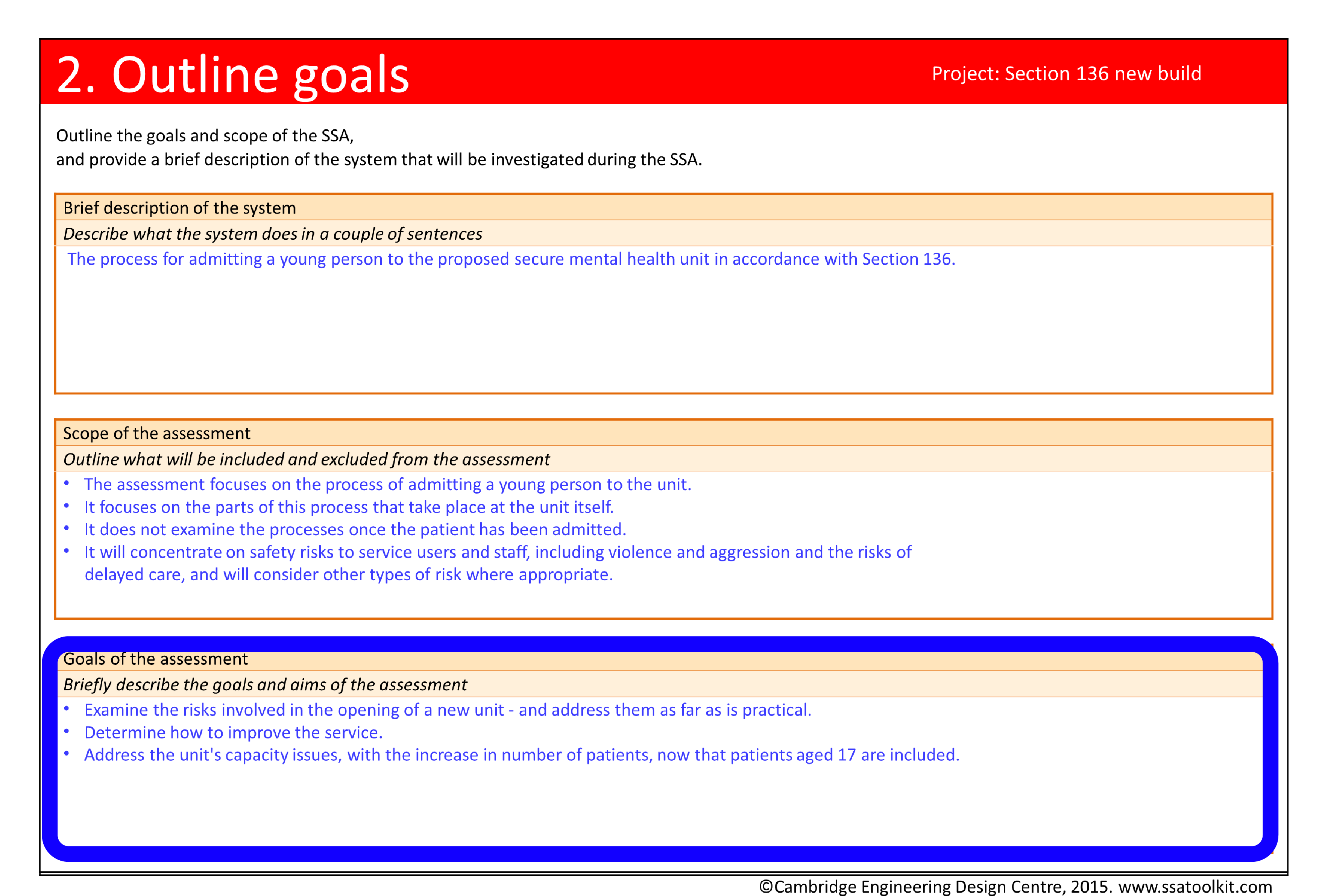 Screenshot of the Outline goals page from the Section 136 case study. The goals are circled. They are to examine the risks involved in the opening of a new unit and address them as far as is practical, to determine how to improve the service, and to address the unit's capacity issues, with the increase in number of patients, now that patients aged 17 are included. The full form in pdf is available from the Resources page.