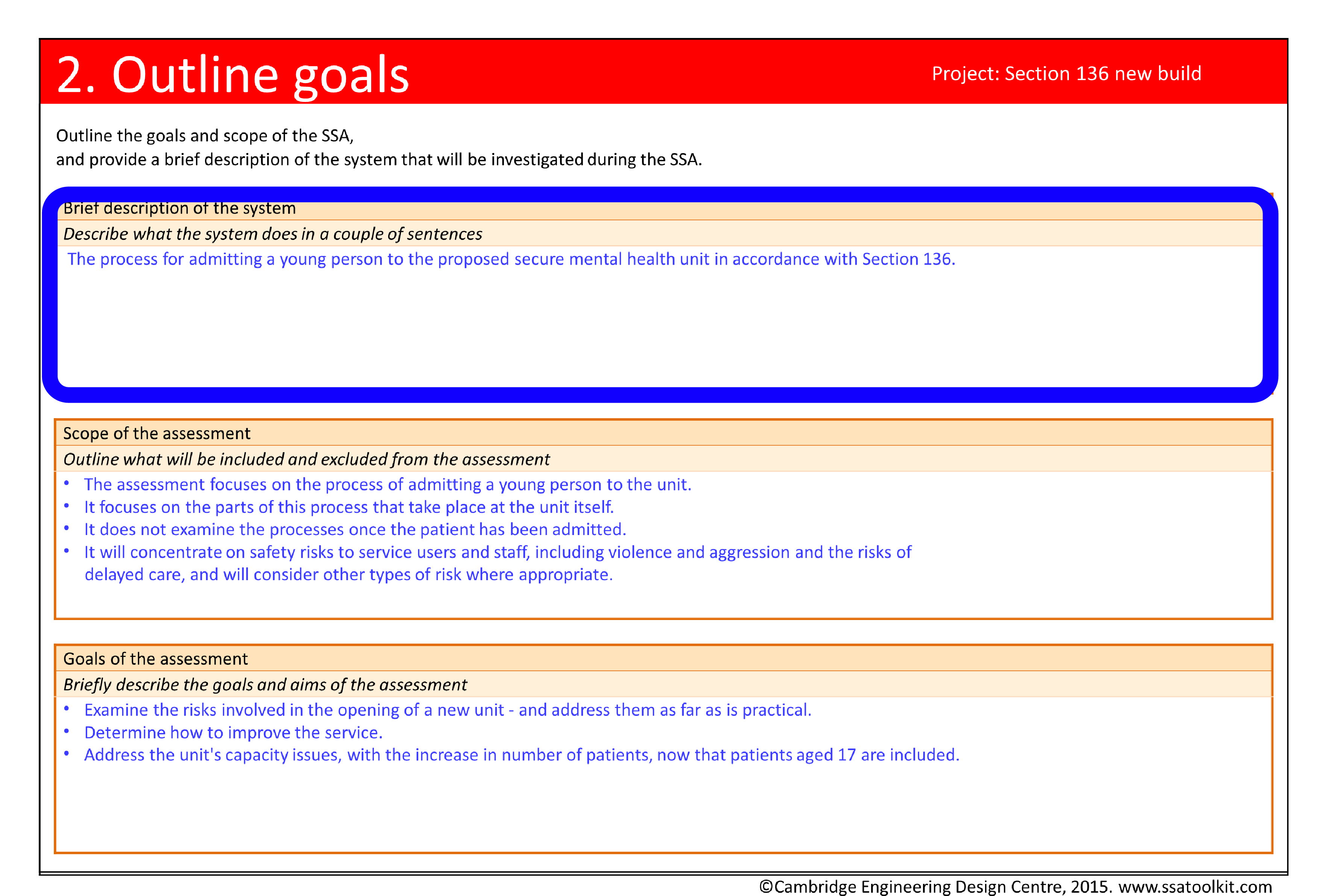 Screenshot of the Outline goals page from the Section 136 case study. The system is described as the process for admitting a young person to the proposed secure mental health unit in accordance with Section 136. The full form in pdf is available from the Resources page.