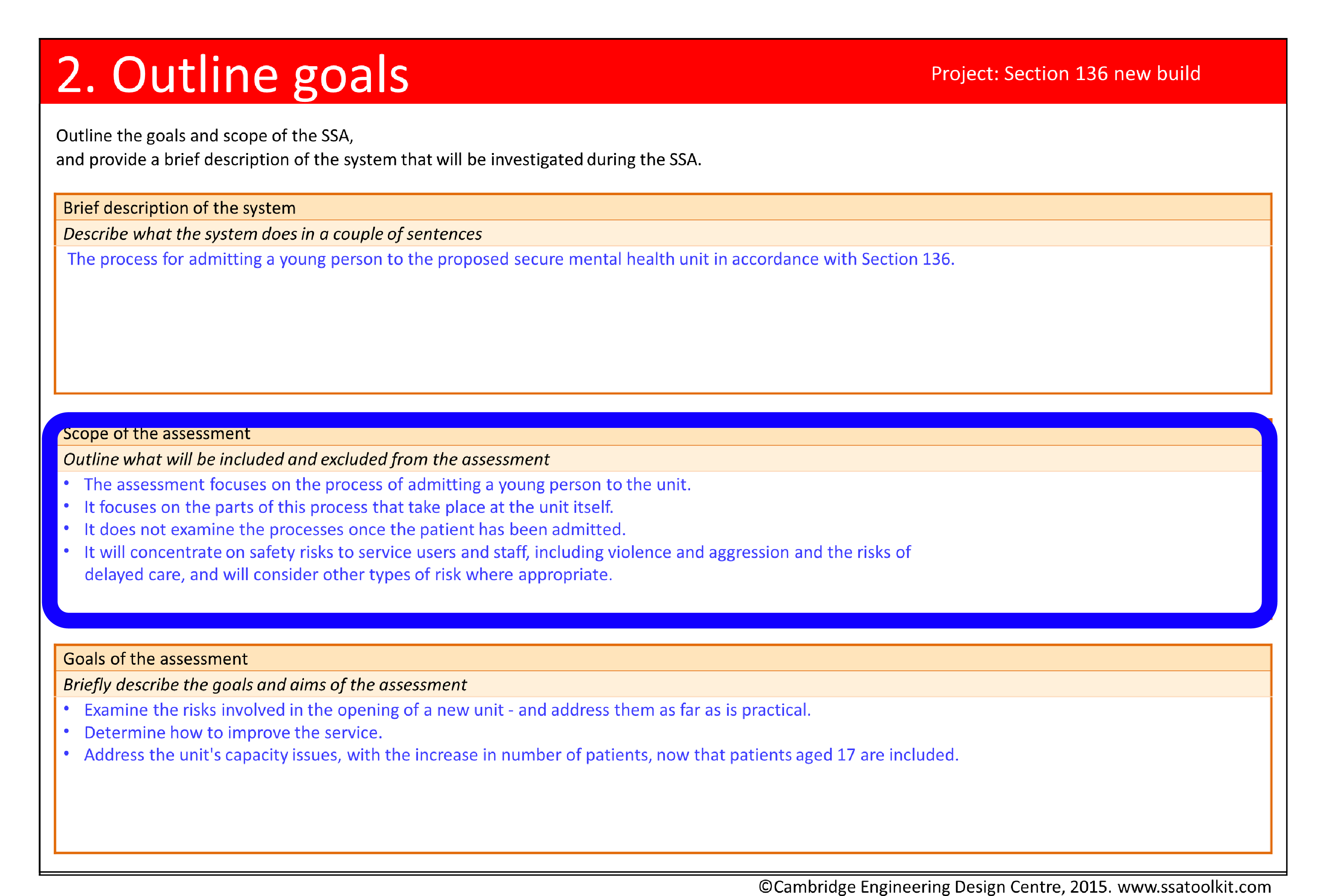 Screenshot of the Outline goals page from the Section 136 case study. The section on Scope is circled. It says that the assessment focuses on the process of admitting a young person to the unit. It focuses on the parts of this process that take place at the unit itself. It does not examine the processes once the patient has been admitted. It will concentrate on safety risks to service users and staff, including violence and agression and the risks of delayed care, and will confiser other types of risk where appropriate. The full form in pdf is available from the Resources page.